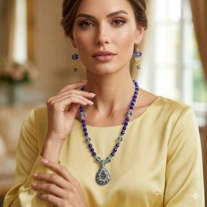 Artisan Blue & Yellow Glass Bead Necklace with Millefiori  Glass Pendant